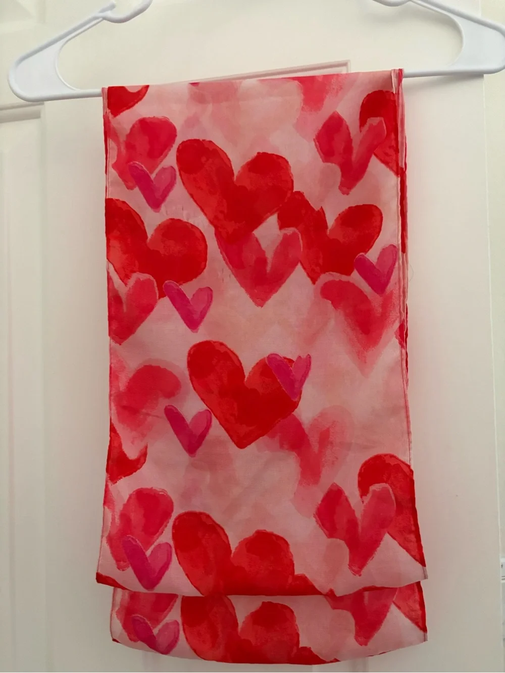 Sheer Heart-Print Infinity Scarf in Red & Pink